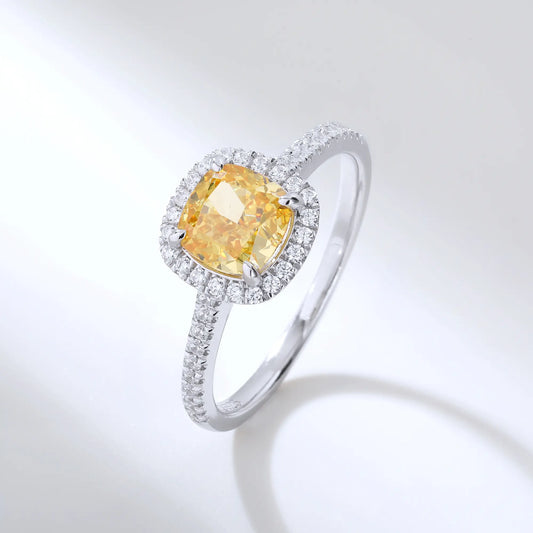 S925 sterling silver ring featuring a square cushion-cut yellow moissanite center stone surrounded by a sparkling moissanite halo and pavé band.