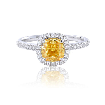 S925 sterling silver ring featuring a square cushion-cut yellow moissanite center stone surrounded by a sparkling moissanite halo and pavé band.