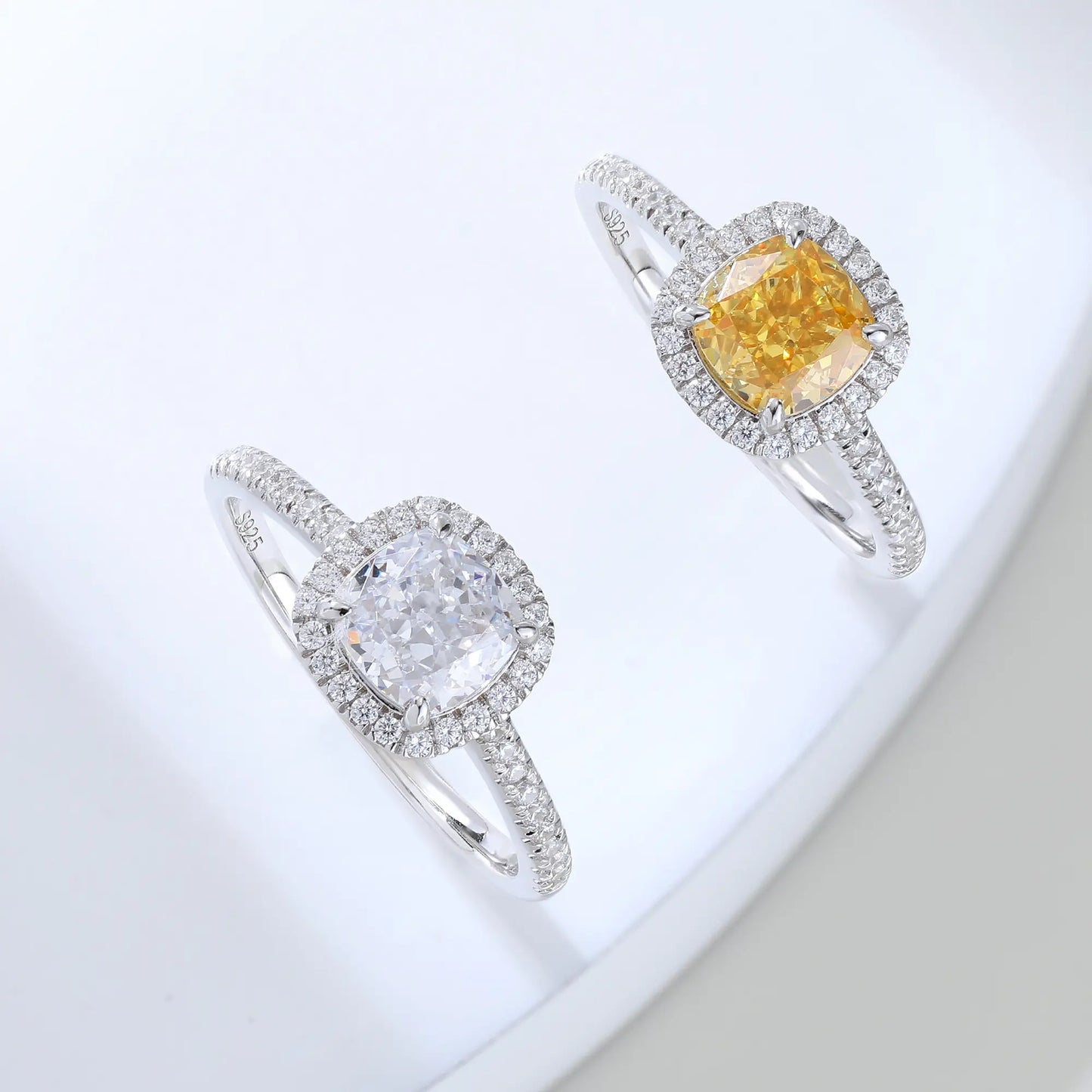 S925 sterling silver ring featuring a square cushion-cut yellow moissanite center stone surrounded by a sparkling moissanite halo and pavé band.