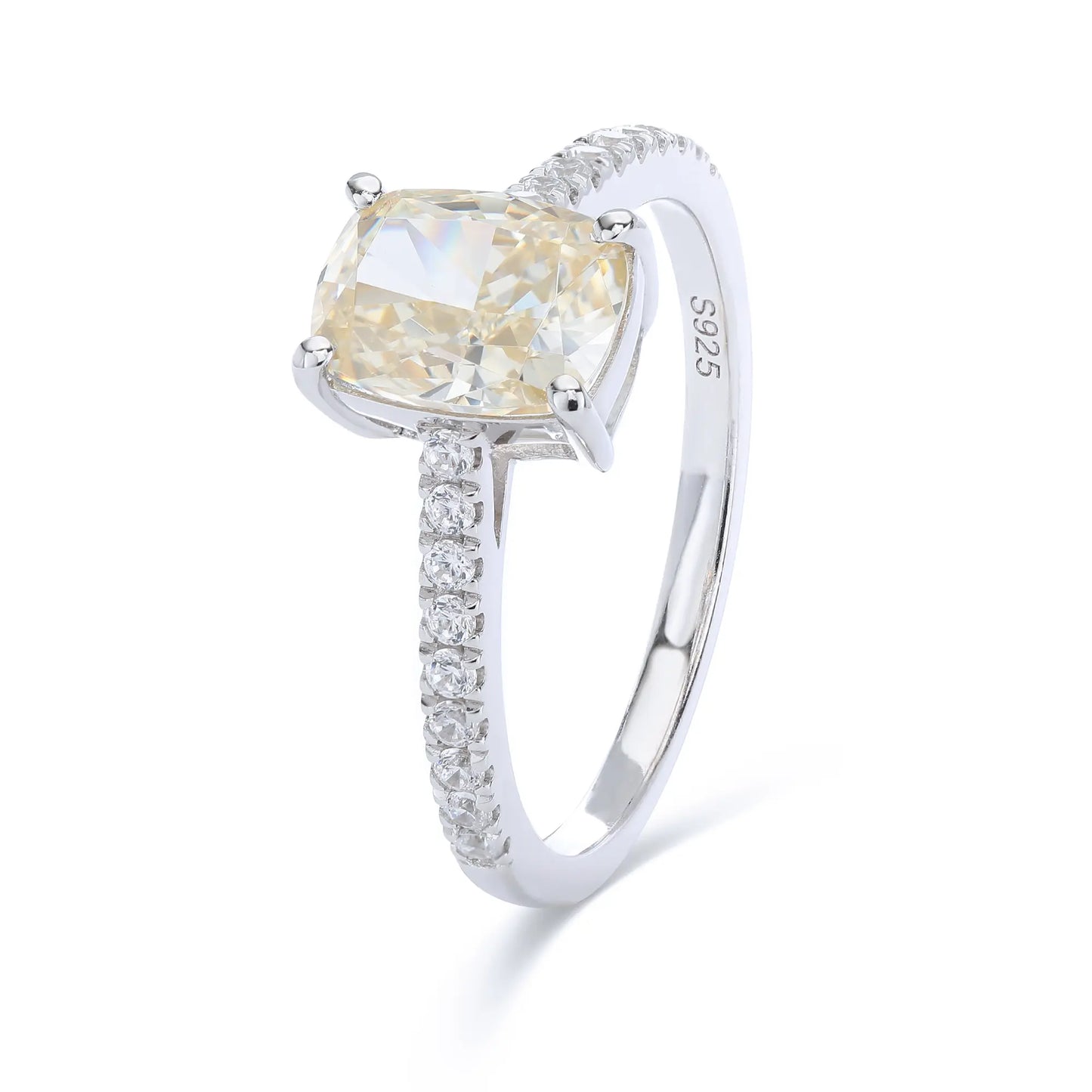 S925 sterling silver ring featuring a warm champagne elongated cushion-cut moissanite center stone on a brilliant sparkling moissanite wedding band.