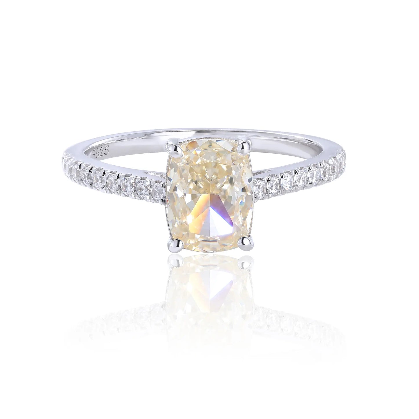 S925 sterling silver ring featuring a warm champagne elongated cushion-cut moissanite center stone on a brilliant sparkling moissanite wedding band.