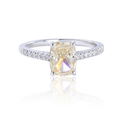 S925 sterling silver ring featuring a warm champagne elongated cushion-cut moissanite center stone on a brilliant sparkling moissanite wedding band.