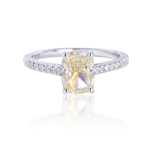 S925 sterling silver ring featuring a warm champagne elongated cushion-cut moissanite center stone on a brilliant sparkling moissanite wedding band.