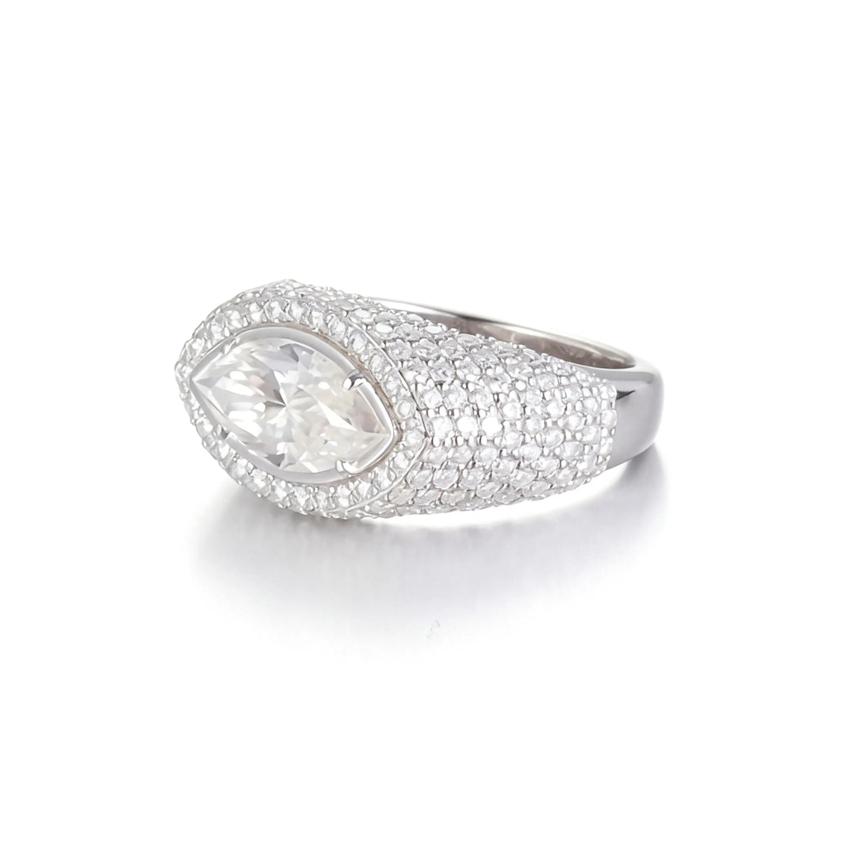 S925 sterling silver statement ring featuring a brilliant marquise-cut moissanite surrounded by a halo and a wide full pavé moissanite dome band.