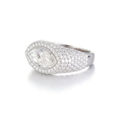 S925 sterling silver statement ring featuring a brilliant marquise-cut moissanite surrounded by a halo and a wide full pavé moissanite dome band.