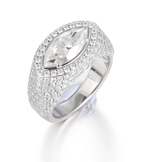 S925 sterling silver statement ring featuring a brilliant marquise-cut moissanite surrounded by a halo and a wide full pavé moissanite dome band.