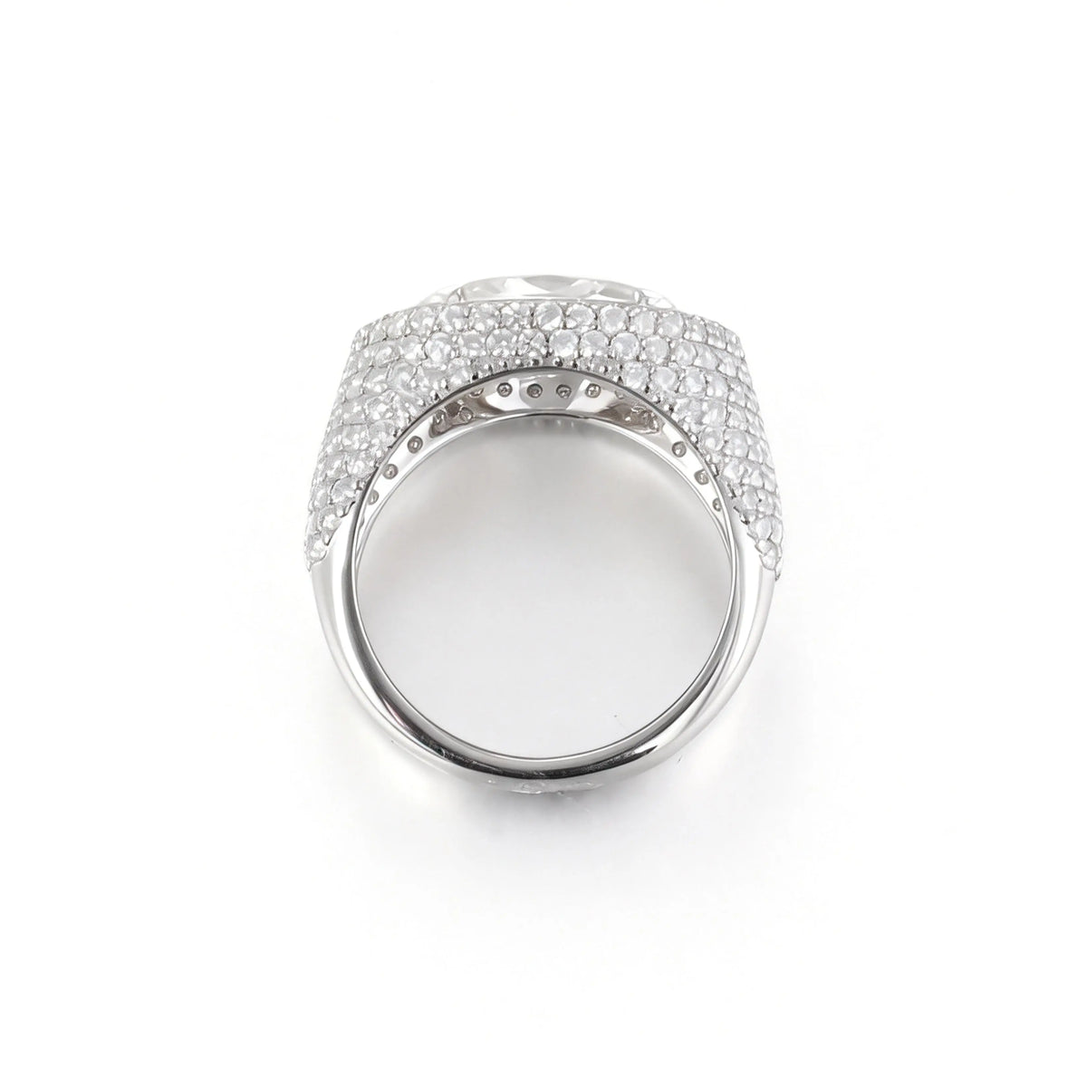S925 sterling silver statement ring featuring a brilliant marquise-cut moissanite surrounded by a halo and a wide full pavé moissanite dome band.