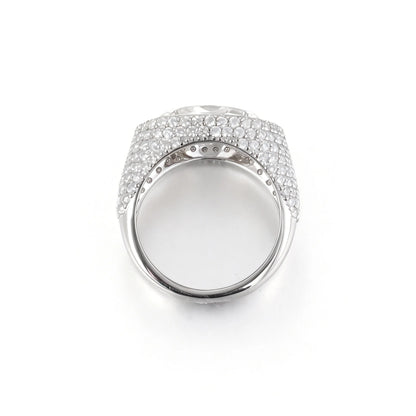 S925 sterling silver statement ring featuring a brilliant marquise-cut moissanite surrounded by a halo and a wide full pavé moissanite dome band.