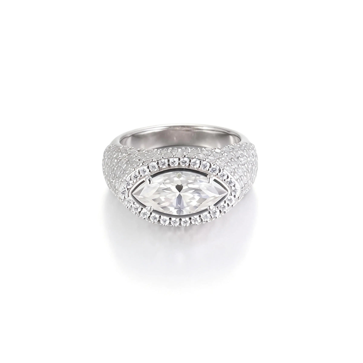 S925 sterling silver statement ring featuring a brilliant marquise-cut moissanite surrounded by a halo and a wide full pavé moissanite dome band.