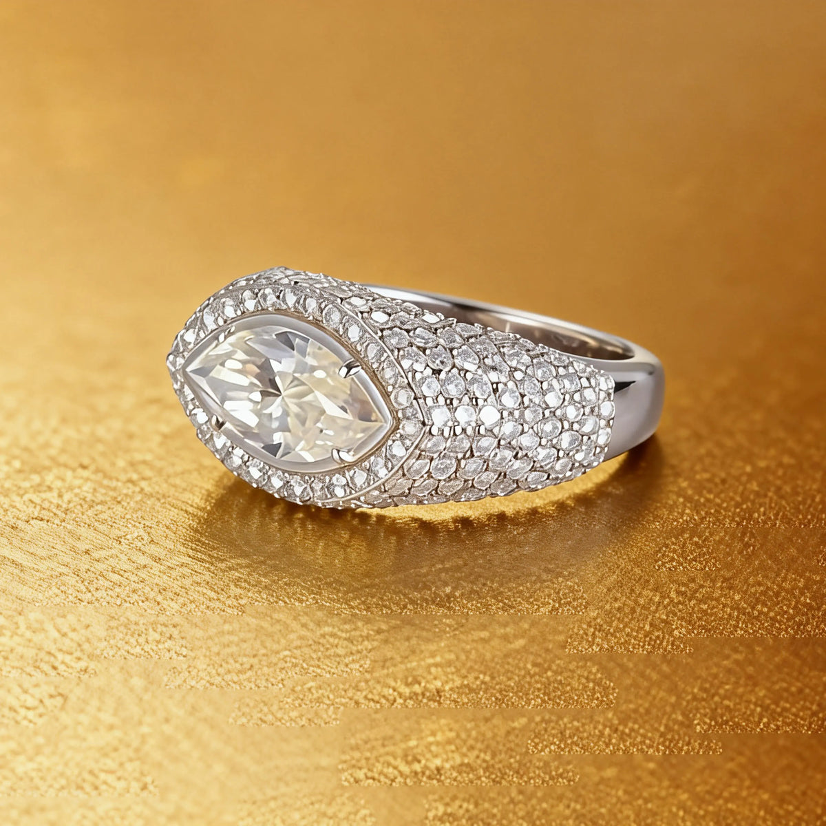 S925 sterling silver statement ring featuring a brilliant marquise-cut moissanite surrounded by a halo and a wide full pavé moissanite dome band.