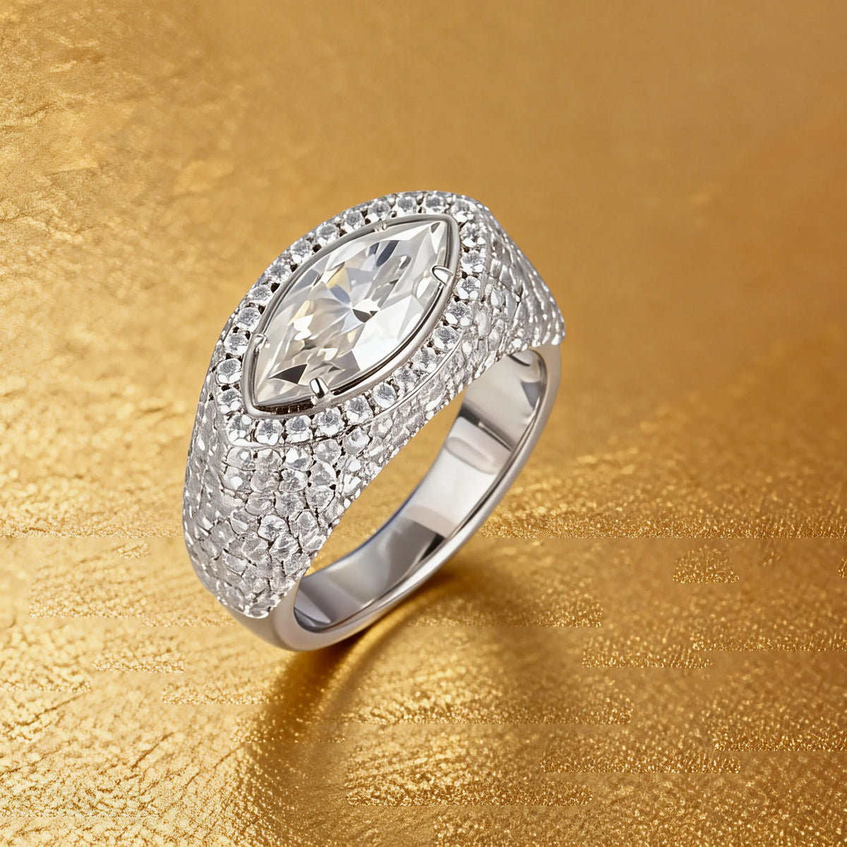 S925 sterling silver statement ring featuring a brilliant marquise-cut moissanite surrounded by a halo and a wide full pavé moissanite dome band.