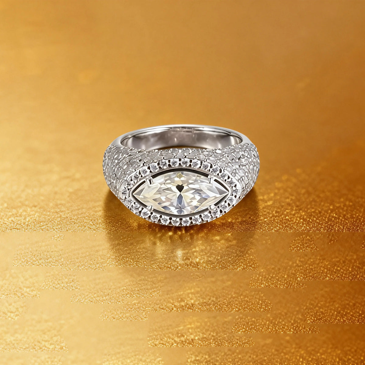S925 sterling silver statement ring featuring a brilliant marquise-cut moissanite surrounded by a halo and a wide full pavé moissanite dome band.