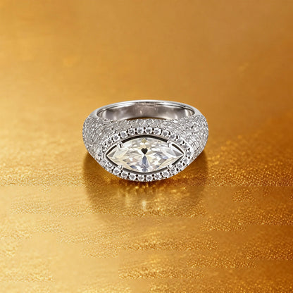 S925 sterling silver statement ring featuring a brilliant marquise-cut moissanite surrounded by a halo and a wide full pavé moissanite dome band.