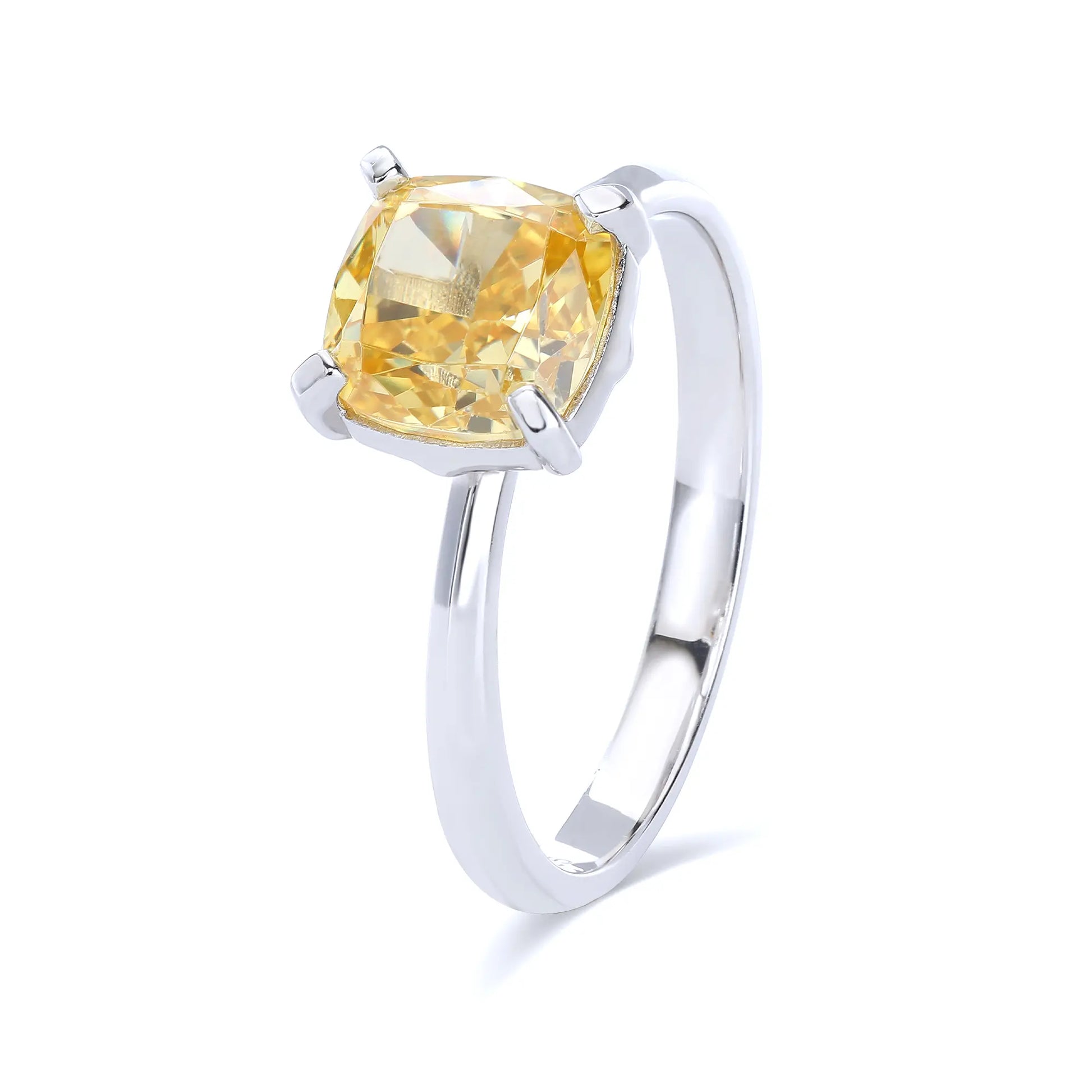 S925 sterling silver solitaire ring featuring a vibrant square cushion-cut yellow moissanite center stone on a classic polished band.