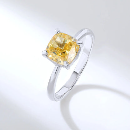 S925 sterling silver solitaire ring featuring a vibrant square cushion-cut yellow moissanite center stone on a classic polished band.