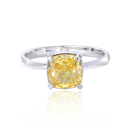 S925 sterling silver solitaire ring featuring a vibrant square cushion-cut yellow moissanite center stone on a classic polished band.