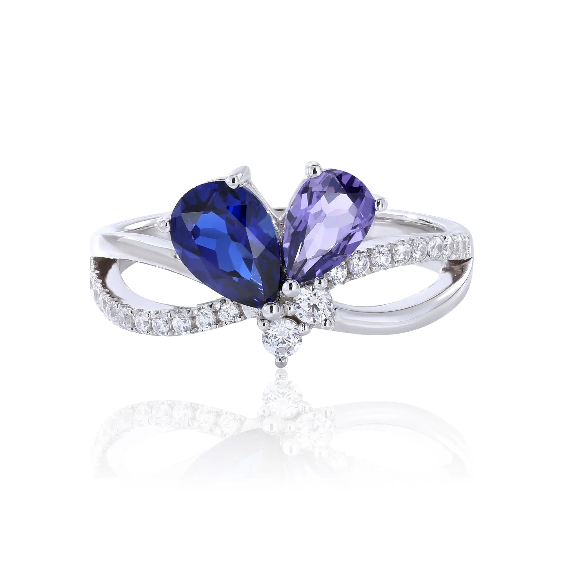 S925 sterling silver criss-cross ring with pear-cut royal blue and lavender sapphires forming a butterfly with a sparkling accent at the center.