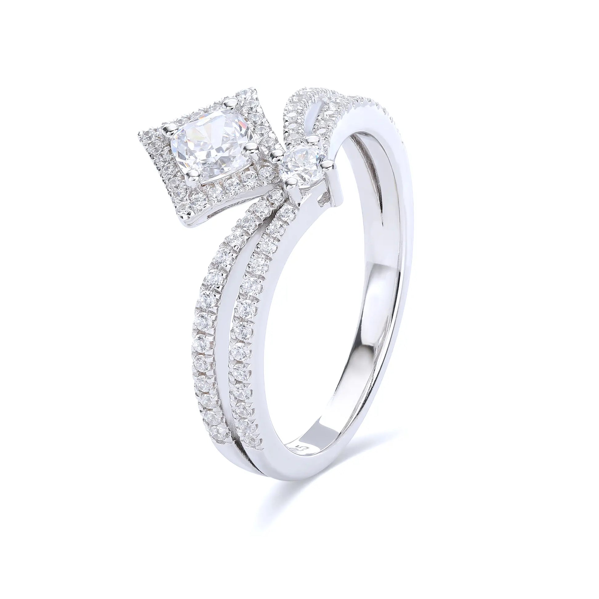 S925 sterling silver tiara ring featuring a square cushion-cut moissanite center stone set in a diamond-shaped halo on a curved double-row pavé crown band.