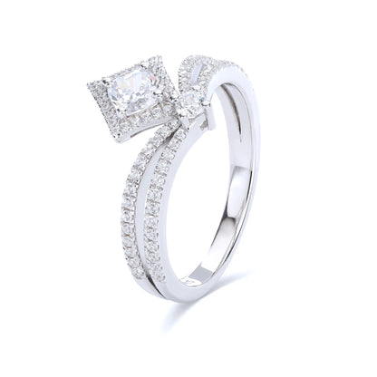 S925 sterling silver tiara ring featuring a square cushion-cut moissanite center stone set in a diamond-shaped halo on a curved double-row pavé crown band.