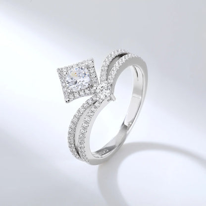 S925 sterling silver tiara ring featuring a square cushion-cut moissanite center stone set in a diamond-shaped halo on a curved double-row pavé crown band.