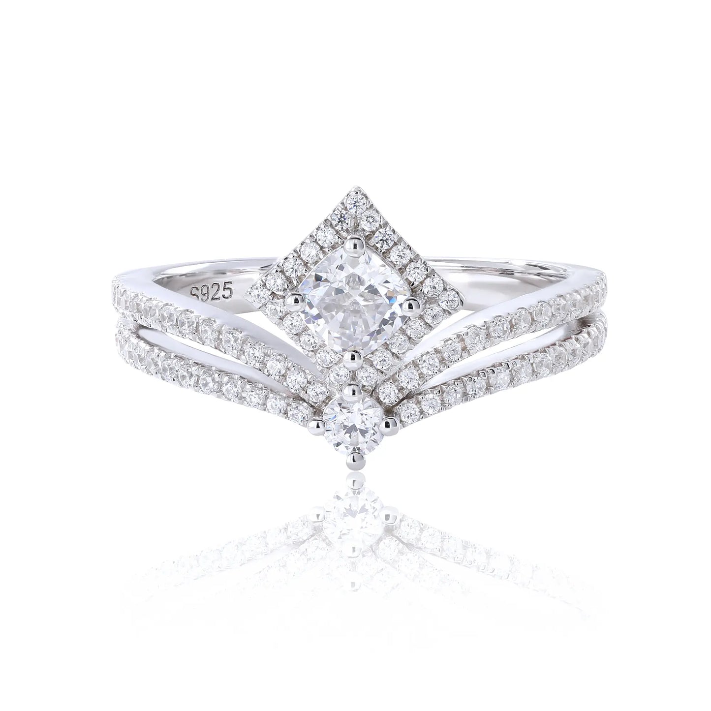 S925 sterling silver tiara ring featuring a square cushion-cut moissanite center stone set in a diamond-shaped halo on a curved double-row pavé crown band.