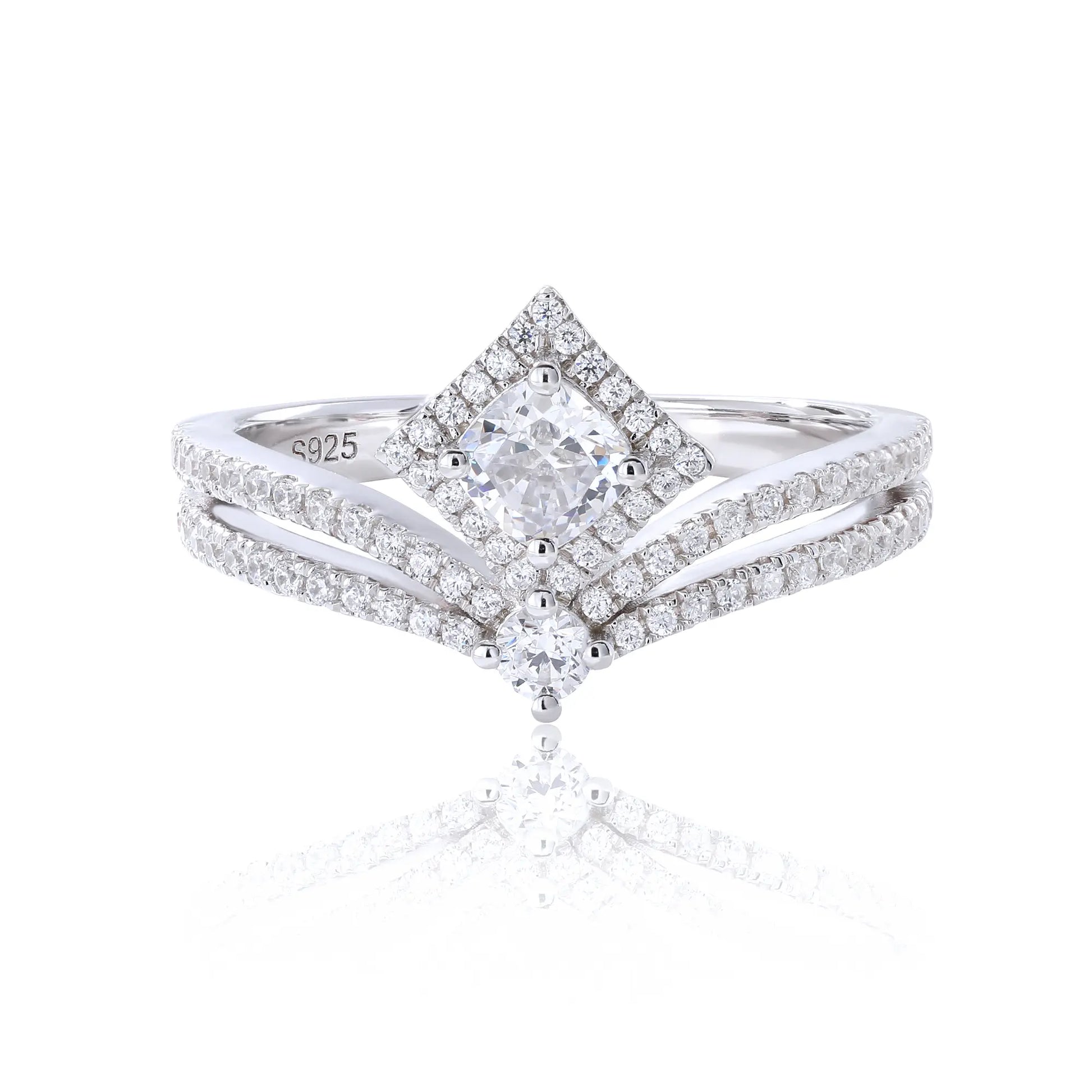 S925 sterling silver tiara ring featuring a square cushion-cut moissanite center stone set in a diamond-shaped halo on a curved double-row pavé crown band.