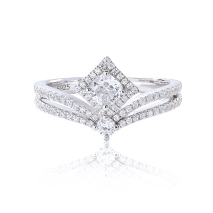 S925 sterling silver tiara ring featuring a square cushion-cut moissanite center stone set in a diamond-shaped halo on a curved double-row pavé crown band.