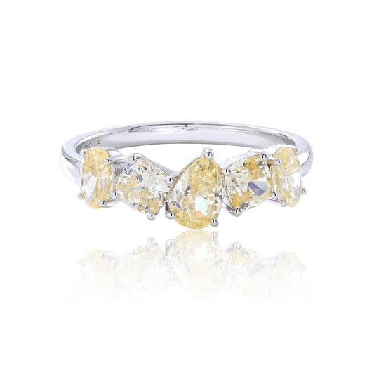 S925 sterling silver five-stone ring featuring fancy multi-shape yellow moissanites including pear, cushion, and oval cuts in a contour band.