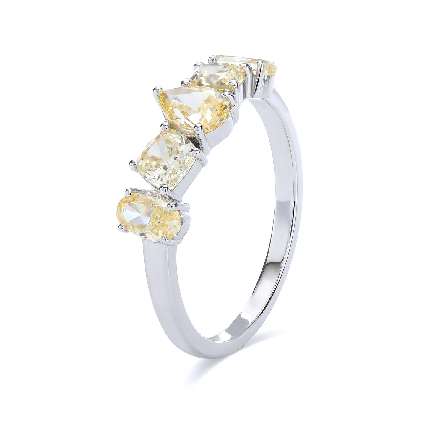 S925 sterling silver five-stone ring featuring fancy multi-shape yellow moissanites including pear, cushion, and oval cuts in a contour band.