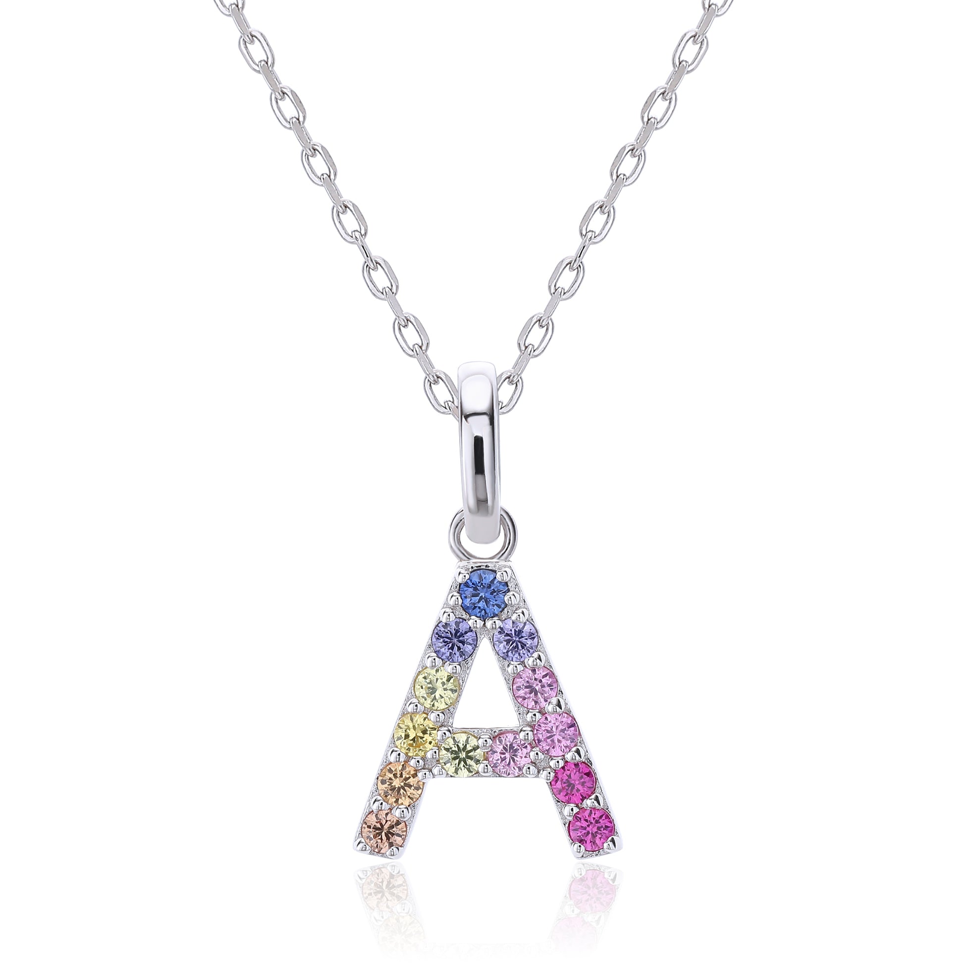 Vibrant multi-color lab-grown sapphire letter A pendant on a sterling silver chain necklace