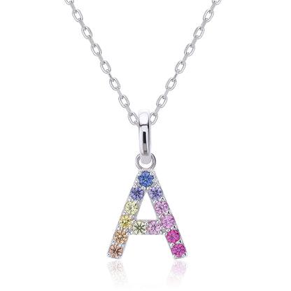Vibrant multi-color lab-grown sapphire letter A pendant on a sterling silver chain necklace