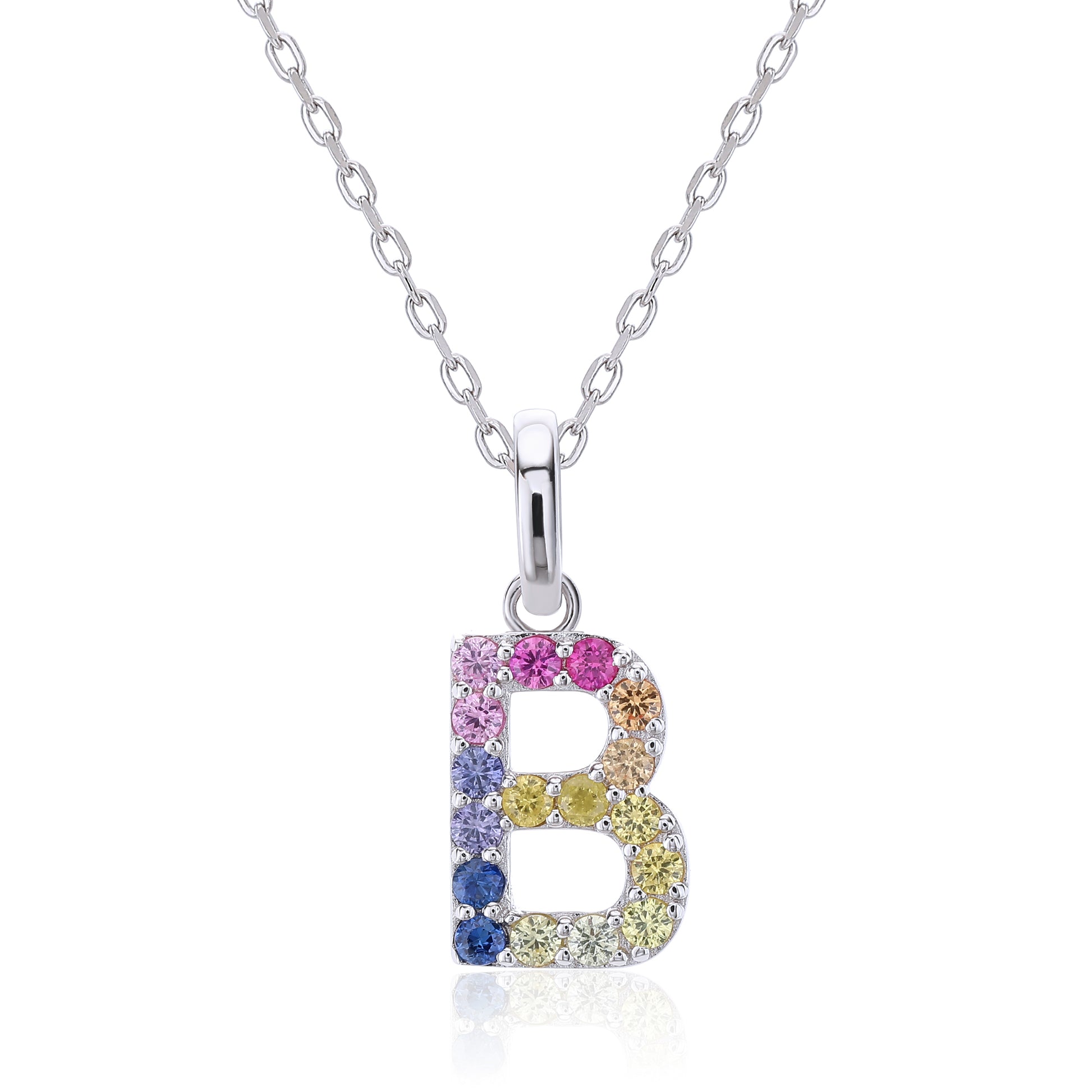 Vibrant multi-color lab-grown sapphire letter B pendant on a sterling silver chain necklace.