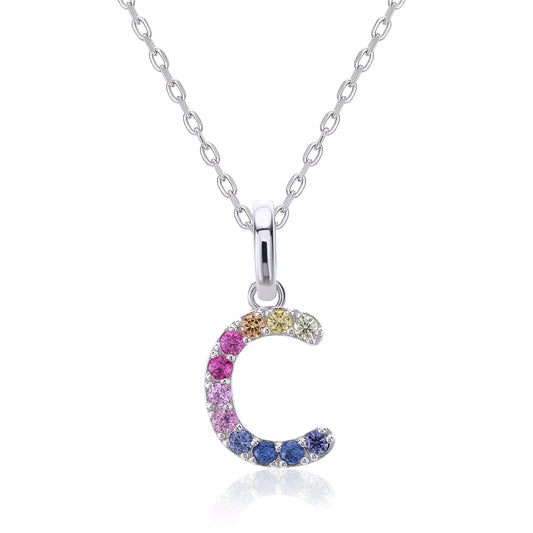 Vibrant multi-color lab-grown sapphire letter C pendant on a sterling silver chain necklace.