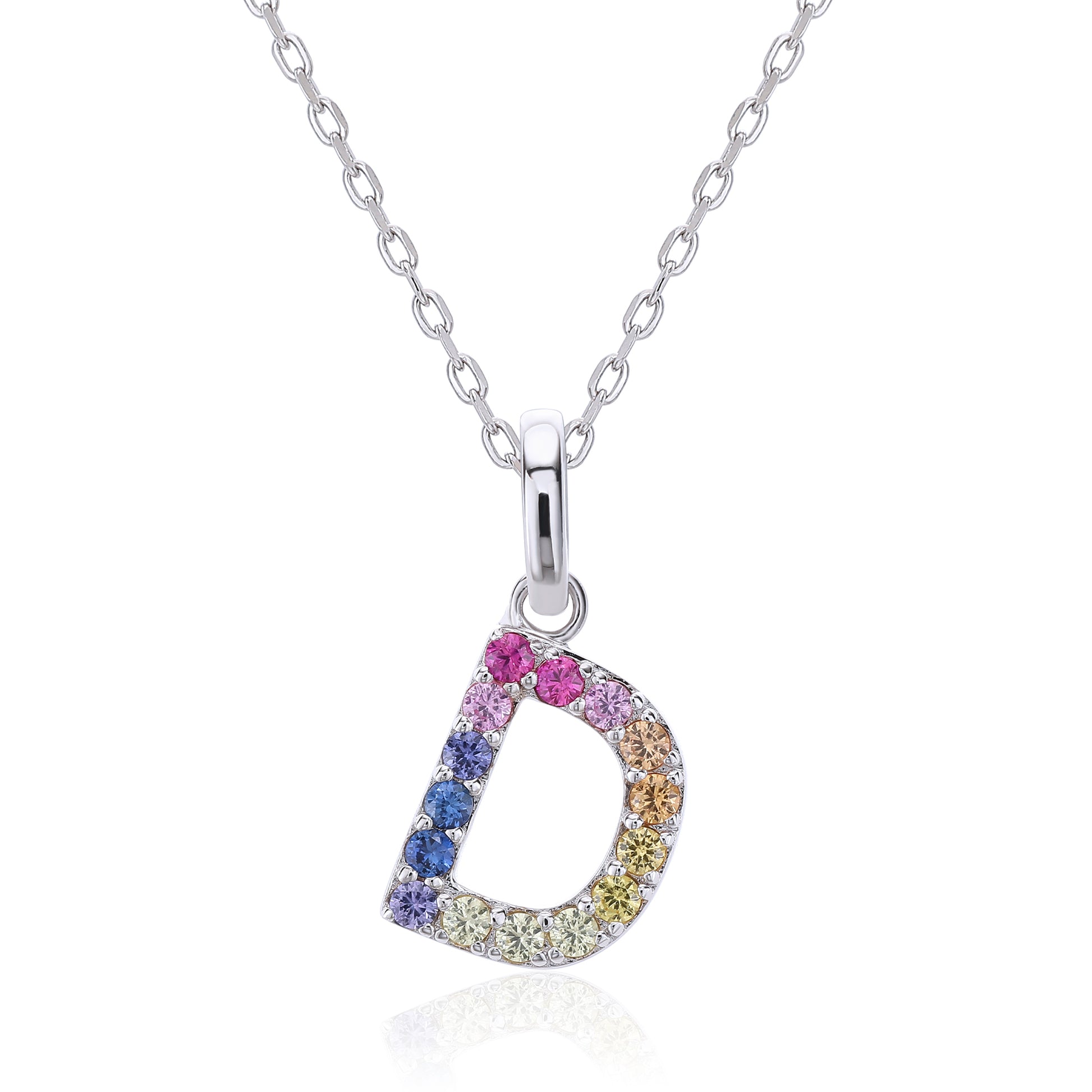 Sterling silver initial necklace showcasing a letter D charm handset with a rainbow gradient of multi-color lab sapphires