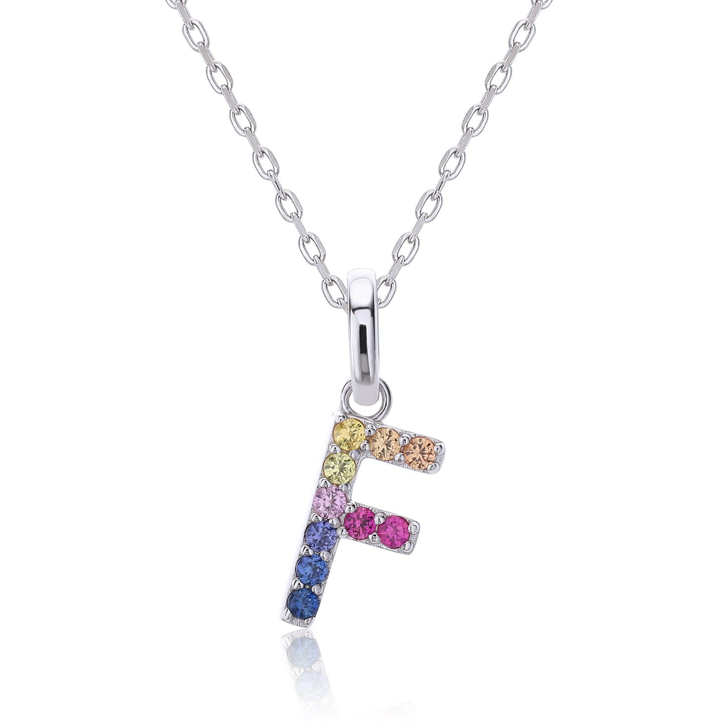 A silver letter F alphabet charm beautifully set with a shifting rainbow palette of round lab-grown sapphires on a classic link chain.