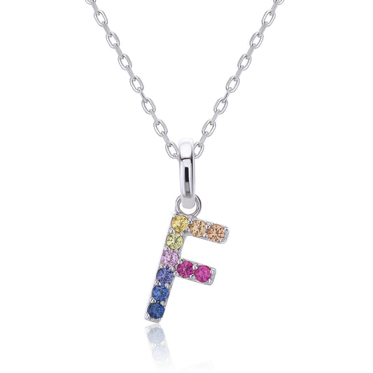 A silver letter F alphabet charm beautifully set with a shifting rainbow palette of round lab-grown sapphires on a classic link chain.