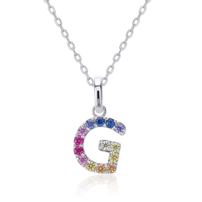A delicate sterling silver necklace displaying a capital letter G charm micro-pave set with a shifting rainbow curve of lab-grown multi-color sapphires.