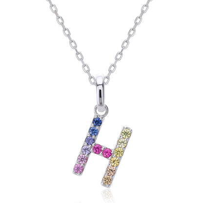 Sterling silver initial necklace featuring a block letter H pendant meticulously set with a multi-color rainbow gradient of round lab sapphires.