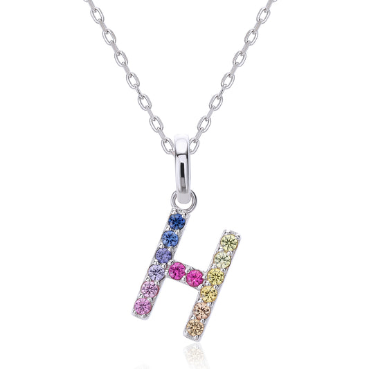 Sterling silver initial necklace featuring a block letter H pendant meticulously set with a multi-color rainbow gradient of round lab sapphires.