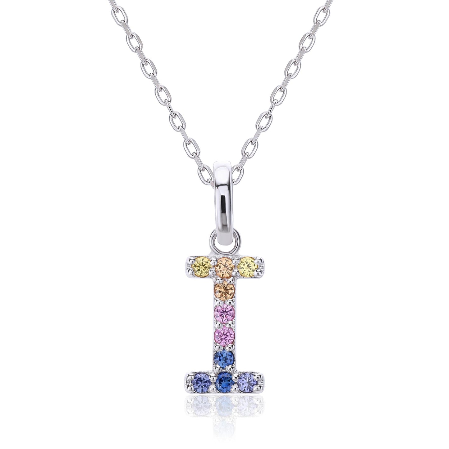 A sleek sterling silver initial necklace showcasing a capital letter I pendant set with a precise vertical rainbow gradient of multi-color lab sapphires.