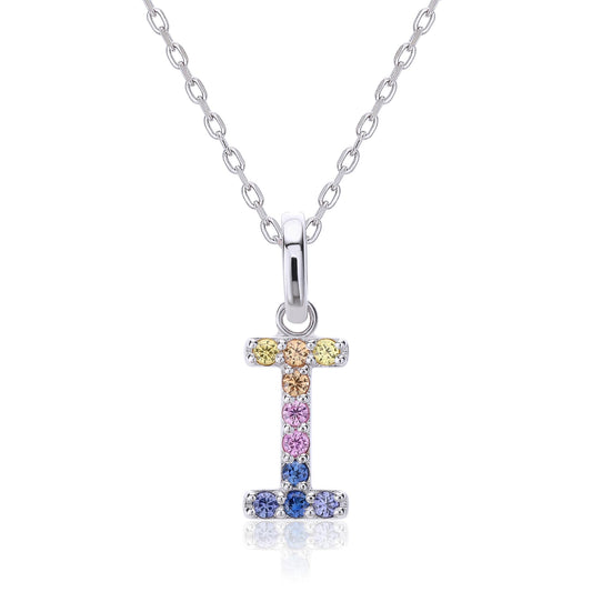 A sleek sterling silver initial necklace showcasing a capital letter I pendant set with a precise vertical rainbow gradient of multi-color lab sapphires.