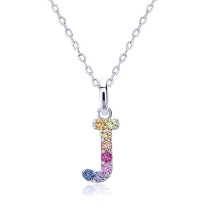A graceful sterling silver cable chain necklace presenting a capital letter J charm set with a fluid rainbow arc of multi-color lab sapphires.