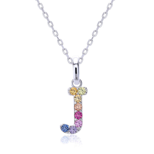 A graceful sterling silver cable chain necklace presenting a capital letter J charm set with a fluid rainbow arc of multi-color lab sapphires.