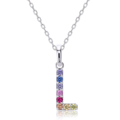 A minimal sterling silver link chain necklace presenting a capital letter L pendant handset with a vibrant vertical and horizontal rainbow layout of multi-color lab sapphires.