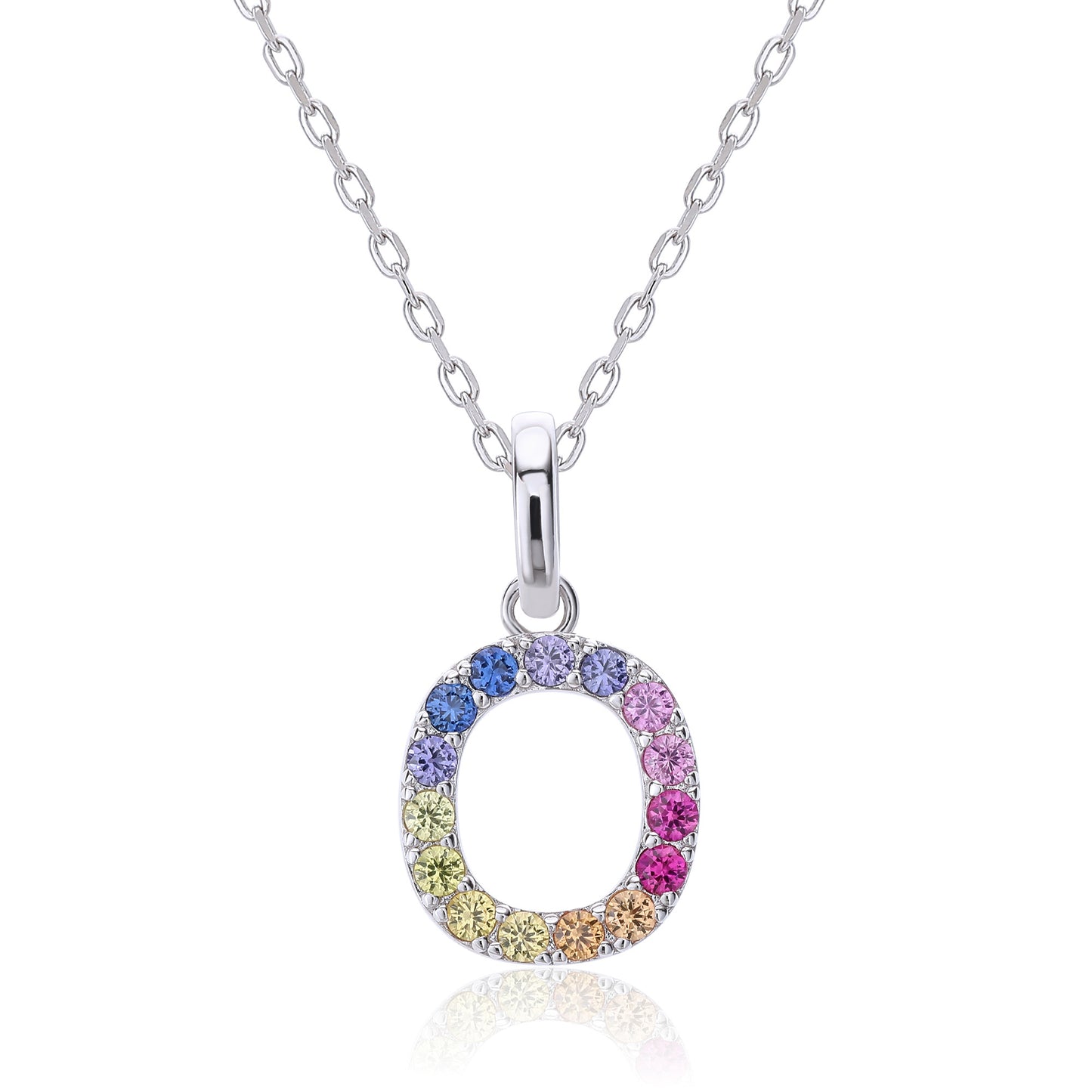 A delicate sterling silver cable chain necklace displaying a circular capital letter O pendant beautifully encrusted with a continuous rainbow gradient of multi-color lab sapphires.