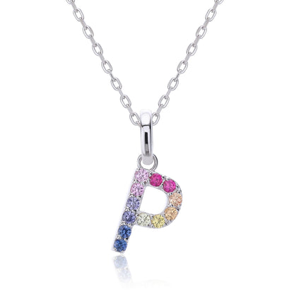 A delicate sterling silver cable chain necklace showcasing an uppercase letter P pendant precision-set with a vibrant rainbow gradient of round multi-color lab sapphires.