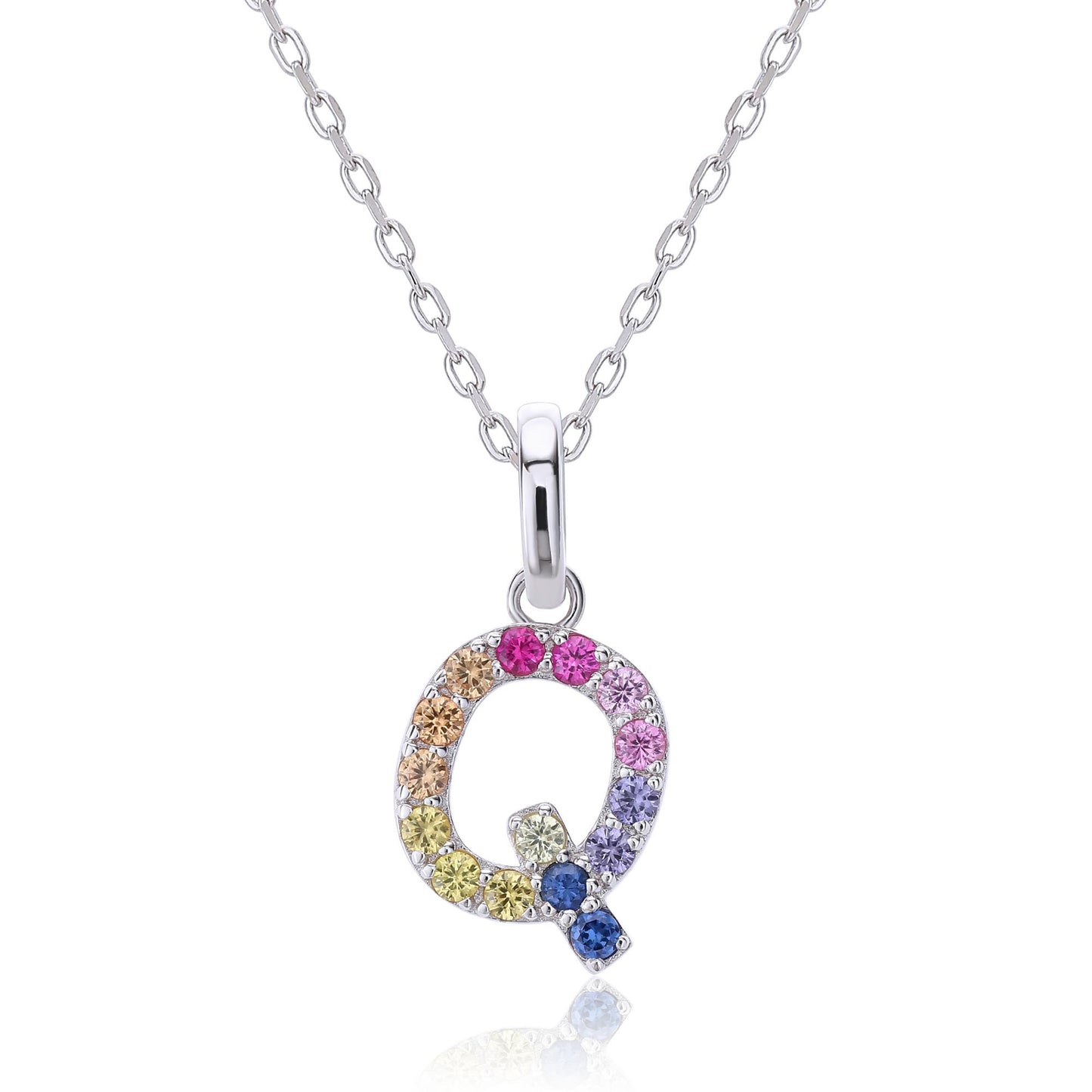A solid sterling silver necklace displaying an uppercase letter Q monogram pendant, highlighted by a playful tail and handset with a continuous rainbow gradient of round lab sapphires.