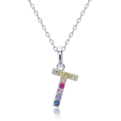 A minimal sterling silver cable chain necklace presenting an uppercase letter T pendant intricately hand-set with a horizontal and vertical rainbow gradient of round lab sapphires.