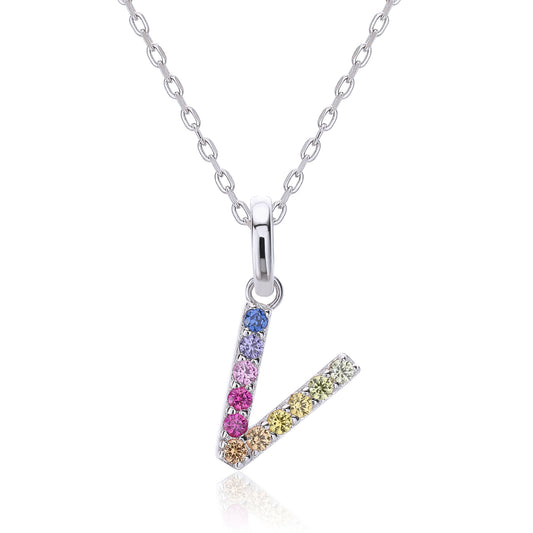 A delicate sterling silver cable chain necklace showcasing an architectural capital letter V pendant precision-set with a dynamic rainbow gradient of multi-color lab sapphires.