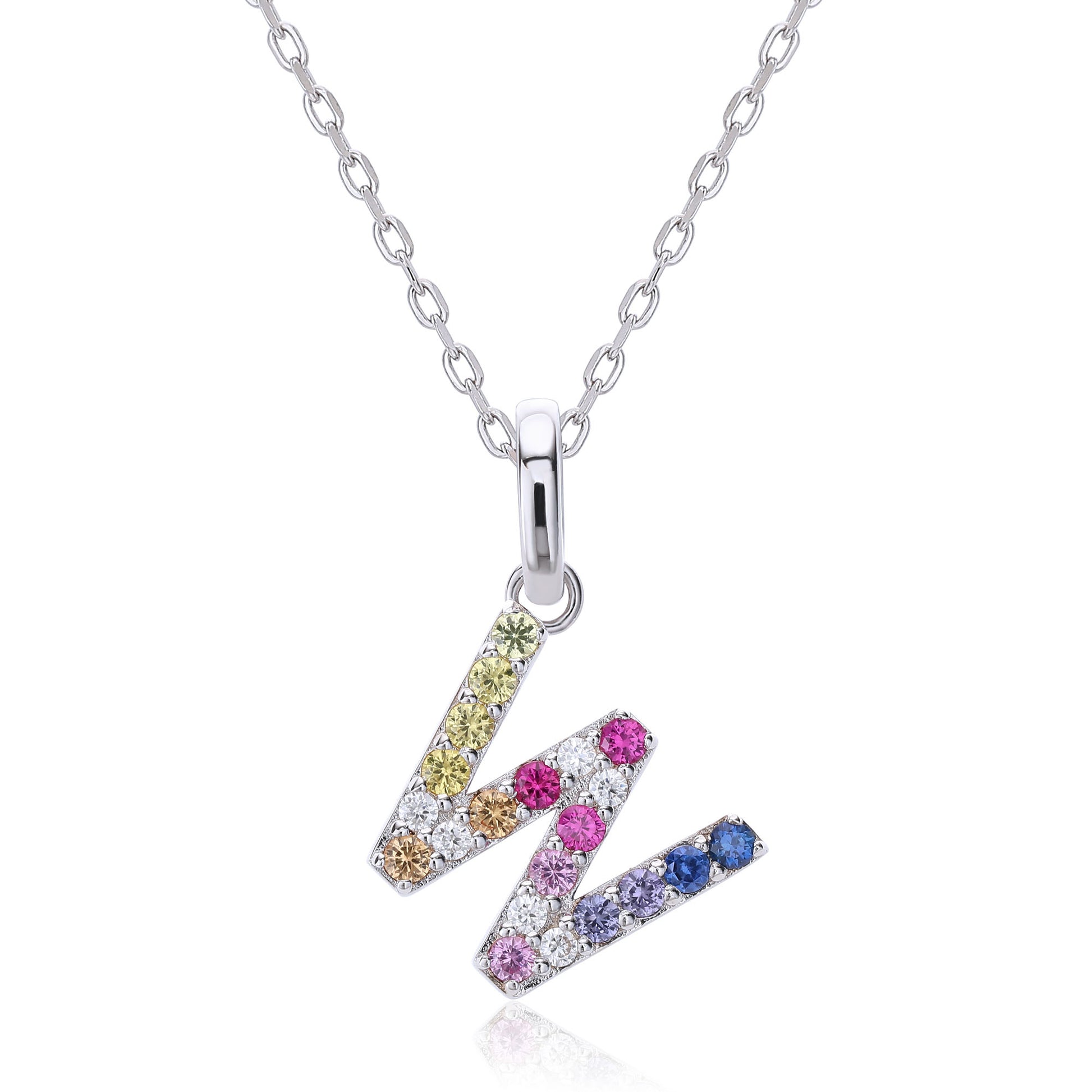 A delicate sterling silver cable chain necklace supporting an uppercase letter W pendant, micro-pave set with a continuous zigzag rainbow gradient of multi-color lab sapphires.